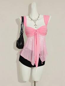 SHEIN ICON Women's Shiny Sequin Asymmetrical Mesh Hem Knotted Front Camisole - Pink - View 4