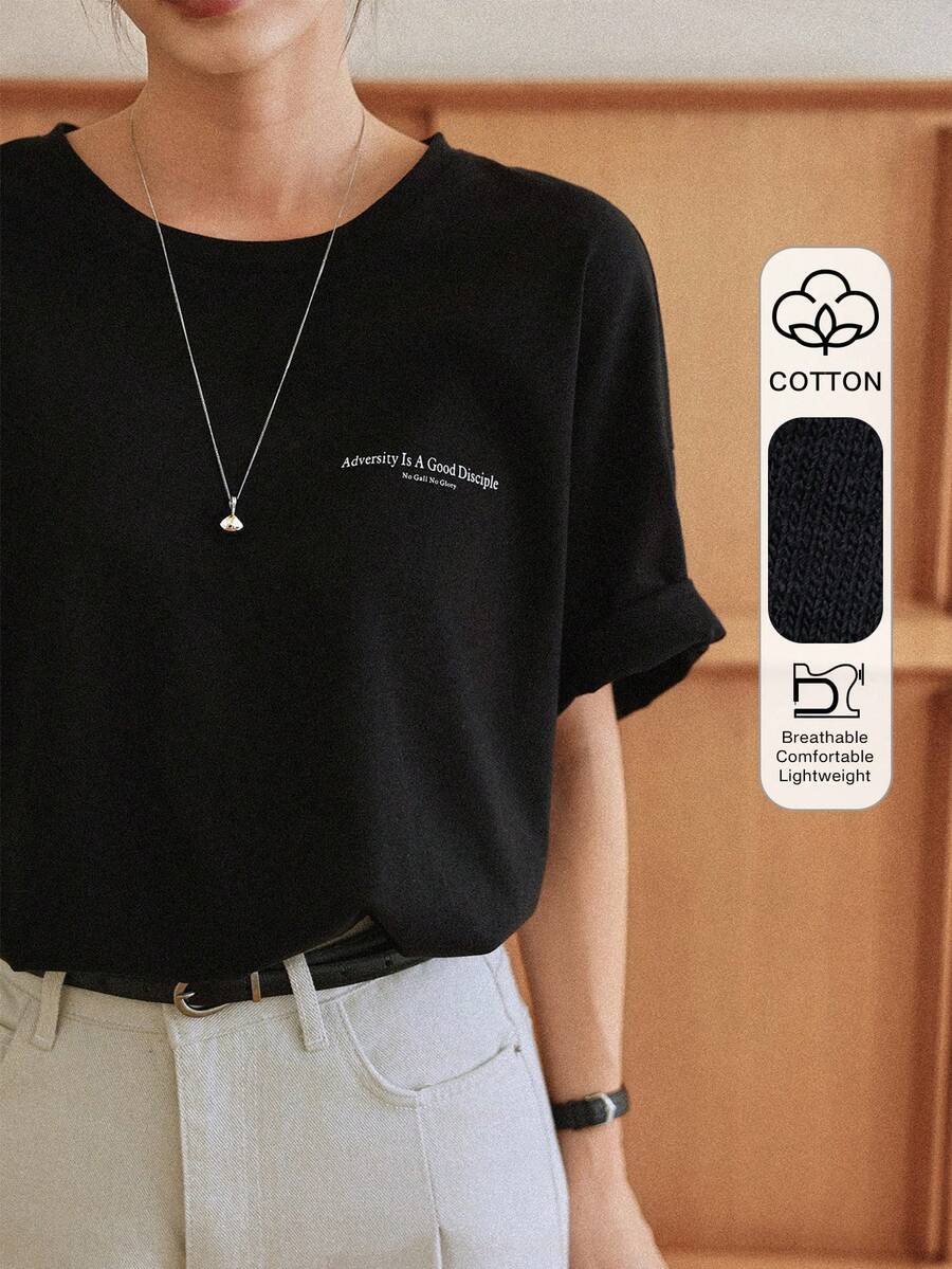 DAZY Áo thun nữ tay ngắn dáng rộng in chữ, phong cách thường ngày, thích hợp mặc đi đường. - màu đen - Xem 1