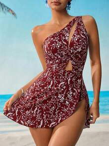 Swim Lushoire Rochie de baie dintr-o singură piesă, cu imprimeu albastru și alb, pentru vacanță de vară, cu control al abdomenului - roșu - Vizualizare 5