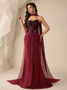 Coutiva Women's Sequin Patchwork Twist Bandeau Flowy Dress - Burgundy - View 5