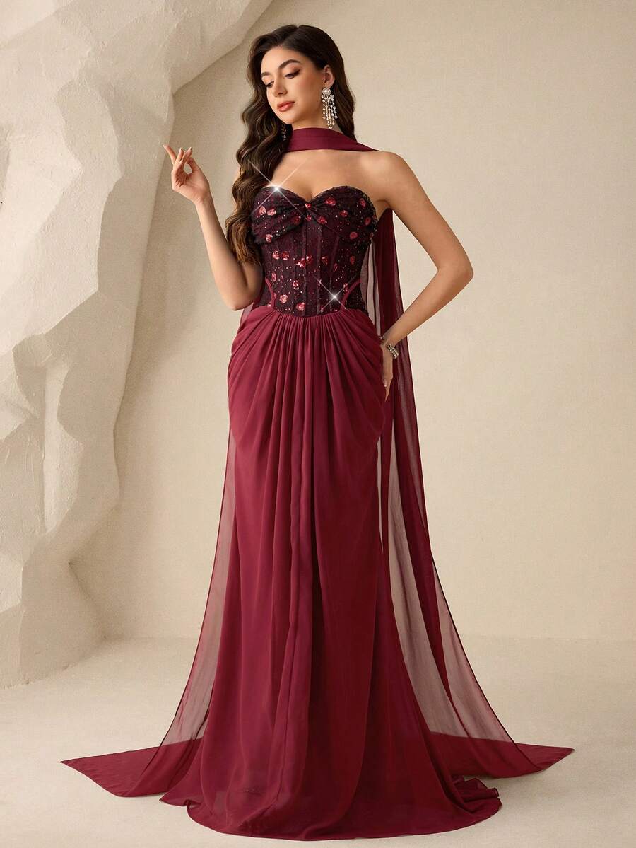 Coutiva 女士亮片拼接扭结抹胸飘逸连衣裙 - 酒紅色 - 查看 1