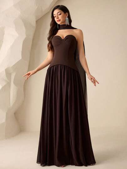 Coutiva Women's Solid Color Strapless Elegant Ribbon Design Formal Gown