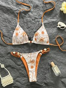 Swim Vcay 数码印花三角无钢圈露背吊带泳衣和泳裤套装，女士沙滩度假休闲泳装，春夏款 - 彩色 - 查看 2