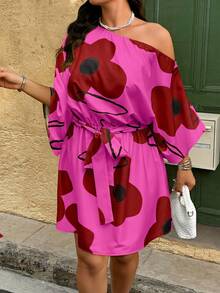 SHEIN LUNE Đầm nữ cỡ lớn in hoa, kiểu dáng lệch vai, tay cánh dơi, thích hợp mặc đi nghỉ mát. - Nhiều màu - Xem 3