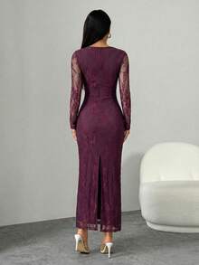 SHEIN PETITE 女士新款夏季派对约会晚宴性感S型蕾丝长袖罩杯鱼骨方领紧身黑色长裙 - 紫色 - 查看 2