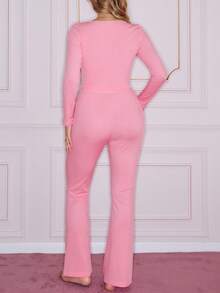 SHEIN Cute Y2K Bow Decor Flare Pants Fitted Women Pajama Set,Pink,Autumn,Cute Modest,Sweet,Lounge Sleepwear 2 Piece Set Pink Pj Set For Women - Pink - View 2
