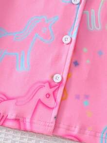 2pcs Baby Girls Lapel Cardigan Short Sleeve Pants Pajama Set, Pink Cartoon Glow-In-The-Dark Unicorn Pattern (Requires UV Light To Glow) - Pink - View 5