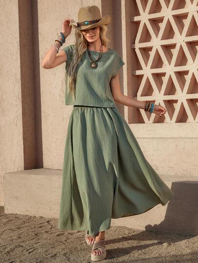 Wildy 波西米亚风休闲美式西部乡村风格纯色女式春夏日常基础款通勤连衣裙，带口袋，短袖