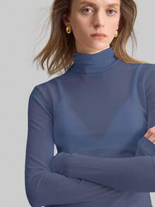 Ontre 女款透視網紗高領長袖上衣，灰藍色時尚冬季商務休閒上衣，優雅辦公室穿搭，適合約會、夜晚外出、派對、婚禮 - 藍色 - 查看 5