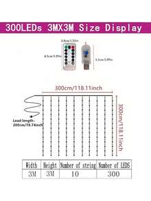 1 pieza Luces de cortina de ventana, 300 luces LED de hadas con control remoto, 8 modos alimentadas por USB, decoración de cortina de ventana, fiesta, Navidad, interior y exterior, Halloween (300 LED - Luz de colores) - Multicolor - Ver 5