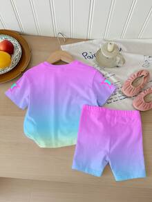 SHEIN 2 pièces/set Haut à manches courtes et short imprimé de dessin animé décontracté pour jeune fille, convient pour l'été - Multicolore - Voir 2