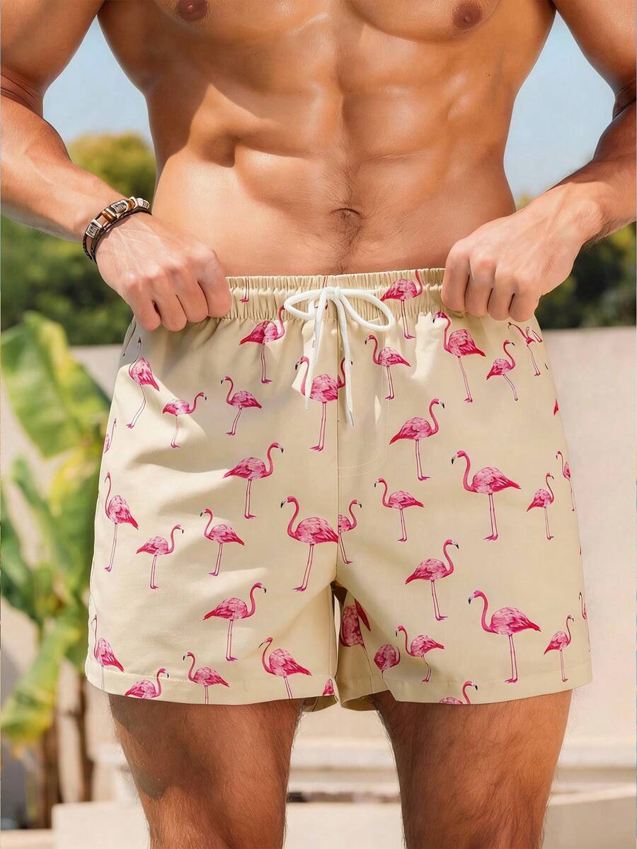 Zalmeno Shorts de playa con cintura elástica y cordón con estampado de flamencos para hombres - Caqui - Ver 1