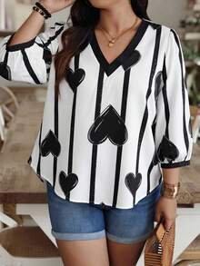 Weeklong Random Striped Heart Print Plus Size Women V-Neck Lantern Sleeve Blouse - Multicolor - View 5