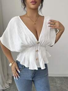 SHEIN Elenzya Blusa de mujer elegante de manga corta con cuello en V y cintura ceñida, de tela jacquard blanca, adecuada para uso casual, playa, salidas diarias, citas, fiestas, cenas, un top versátil y de moda sexy para primavera/verano - Blanco - Ver 3