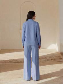 Anewsta Spring/Summer New Hollow Embroidered Lace Applique Beaded Blouse And Pleated Waist Design Pocket Casual Straight Leg Pants Chic 2-Piece Set For Women - Blue - View 2