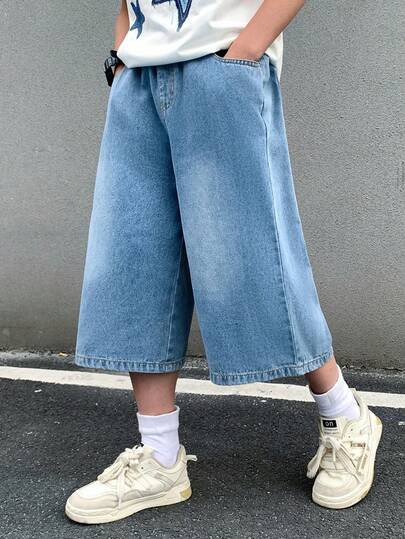 青少年男孩时尚休闲Y2K复古酷炫街头舒适弹力腰蓝色牛仔宽松七寸牛仔裤，适合儿童日常穿着，也适合春夏派对、节日和街头服饰。