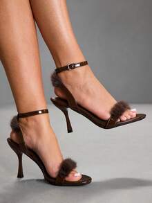 CUCCOO SZL 女士毛绒拼接搭扣设计优雅高跟凉鞋 - 棕色 - 查看 4