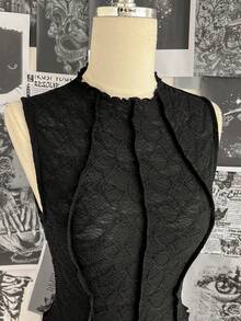 Attitoon Áo sơ mi nữ cổ tàu dáng ôm, màu trơn, chất liệu vải dệt họa tiết cổ điển. - màu đen - Xem 4