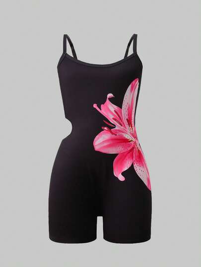 SHEIN Tween Girl Letter Print Sports Casual Cami Black Adjustable Romper 2025 Back-To-School Season Kids College Outfits And Campus Sportswear