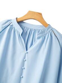 GlowEve CURVE Stylish Plus Size Light Blue Blouse Featuring Notched Neckline And Delicate Cutwork Insert On Long Sleeves - Blue - View 7