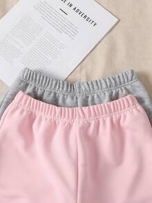 2pcs Tween Girls' Casual Solid Color Knit Wide Leg Shorts - Coral Pink - View 3