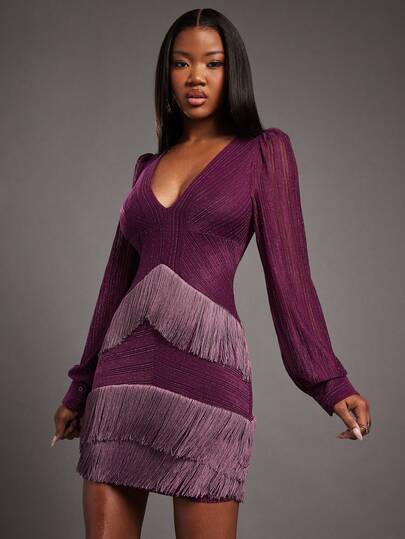 NYA SZN Kleid mit Mini-Fransen, Mesh und Glitzerdetails, Langarm