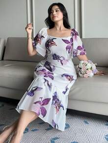 Dazy Plus Plus Size Women Floral Print Ruffle Sleeve Elegant Dress Sundress - Purple - View 3