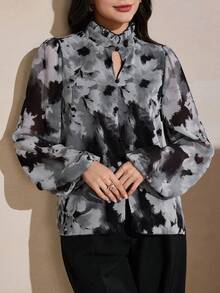 Graceveil Elegant blus i chiffong med mandarinkrage och volangkant, blommönster och långärmad design. - Multifärgad - Visa 4