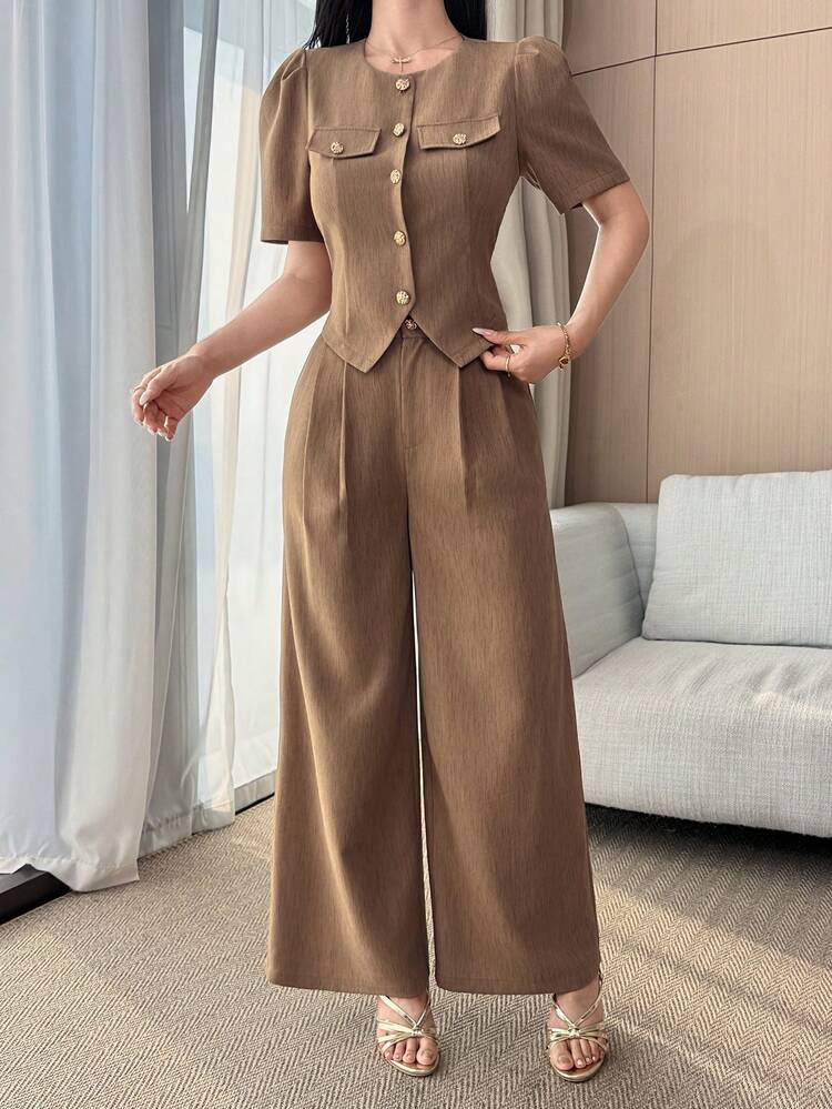 Women's V-Neck Cinched Waist Top & Long Cardigan Two Pieces Set, Khaki Summer