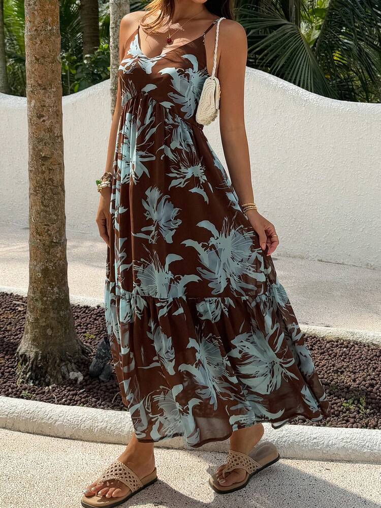 Women's Cinched Waist Printed Dress, Vacation Style Dress Sundress Boho