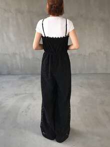 FRIFUL Damen Ärmellose Jumpsuit mit Spitzendekor für Frauen Loungewear Sets für Damen im Sommer - Schwarz - Übersicht 6
