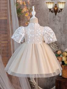 Cute Baby Girls Flared Long Dress With Puff Sleeves And Stand Collar Elegant Apricot Baby Dress - Apricot - View 9