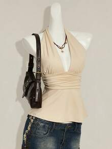 SHEIN ICON Áo tank top babydoll đen hở lưng cổ yếm dành cho nữ dịp Halloween - Màu be - Xem 6