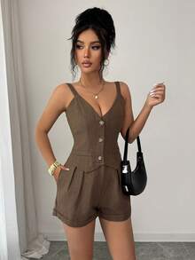 Selianne Women's Summer New V-Neck Camisole Front Buckle 2 In 1 Jumpsuit - Coffee Brown - View 5