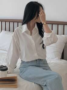 DAZY Women's Loose Fit Turndown Collar Long Sleeve Casual Shirt - White - View 6