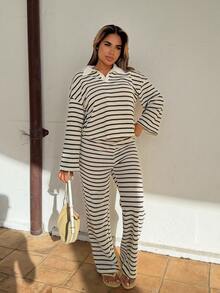 Maria Perezxox 女士 2 件套宽松条纹 V 领落肩长袖 T 恤和松紧腰条纹裤，冬季毛衣套装，秋冬 - 黑與白 - 查看 5
