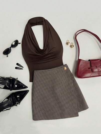 SHEIN MOD Falda envolvente casual de estilo houndstooth para talla grande, falda retro para fiesta de Navidad, falda marrón, otoño, Acción de Gracias, falda de tweed/invierno