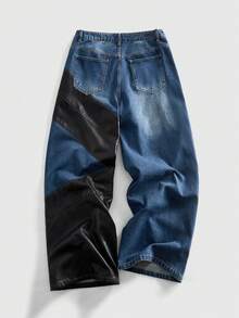 ROMWE MEN Street Life Men's Pockets Loose Wide Leg Jeans With PU Leather Patchwork - Blue - View 9