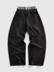 ROMWE MEN Street Life Quần jeans nam phong cách thường ngày, kiểu dáng năng động, thích hợp mặc đi làm, với họa tiết chữ in nổi, cạp chun, dáng rộng, có dây rút. - màu đen - Xem 2