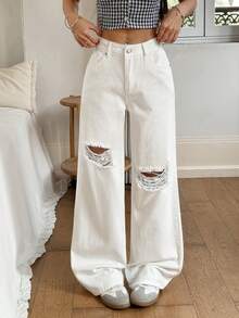 Rivivi Women's Loose Fit Straight Leg Distressed Pocket Jeans - White - View 1