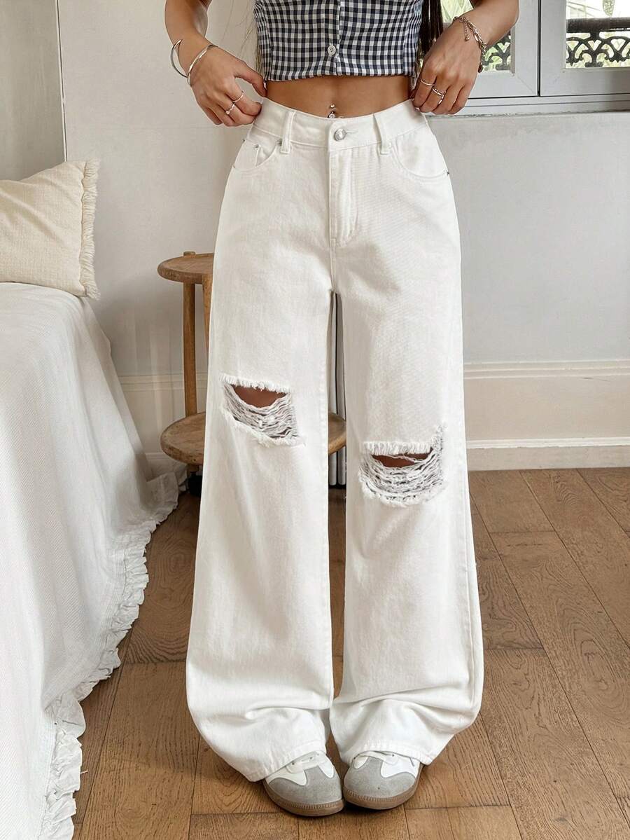 Rivivi Women's Loose Fit Straight Leg Distressed Pocket Jeans - White - View 1