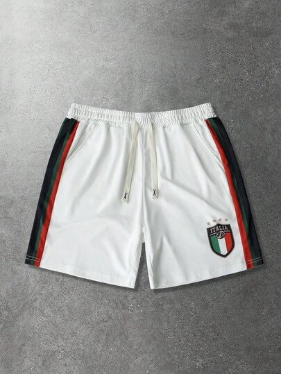 ROMWE MEN 男士2026世界杯徽章印花休闲运动短裤