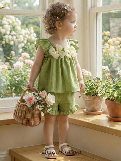 Cozy Pixies 女婴夏季休闲度假绿色纹理荷叶边蝴蝶结吊带背心和松紧腰短裤套装