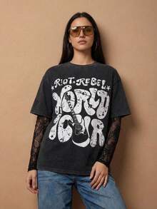 SURIMA 女士夏季撞色蕾丝标语吉他印花圆领T恤 - 黑色 - 查看 6