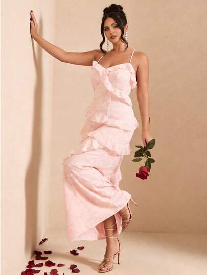 SHEIN BAE Plus Size Women's Spaghetti Strap Dress, Pink Chiffon Cutout Floral Romantic Dress,Women's Pink   Fitted Mermaid Dress, Embroidered Elegant For Wedding, Party, Banquet, Beach, Night Out, Date,  Valentine's Day, Pink Halter-Neck Ruffle Maxi Dress, Perfect For Valentine's Day Vacation.