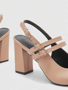 CUCCOO BIZCHIC Women's Fashion Buckle Thick Heel High Heel Shoes - Apricot - View 8