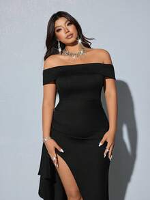 Viva Relle Plus Size Off-Shoulder Side Slit High Stretch Elegant Dress, Suitable For Dates And Parties - Black - View 4