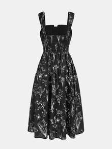 SHEIN Girlism Kids Teen Girl Woven Floral Pattern Square Neck Backless Wide Strap Dress Dress Vintage Black Dress Dress Summer Cute Clothes Cute Black Dress Dress Girl Cute Dress - Black - View 2