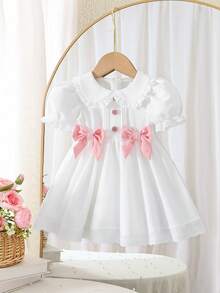 SHEIN Babygirl Cute Collegiate Style White Lace Bow Tie Collar Short Sleeve Dress - Multicolor - View 3