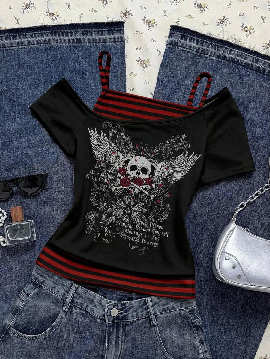 Attitoon 红黑条纹朋克翅膀骷髅印花 Y2K Grunge 哥特风女式休闲复古撞色短袖T恤 – 西部风音乐节春夏街头复古朋克嘻哈美学，适合音乐节、俱乐部、健身房、运动场合 - 彩色 - 查看 1